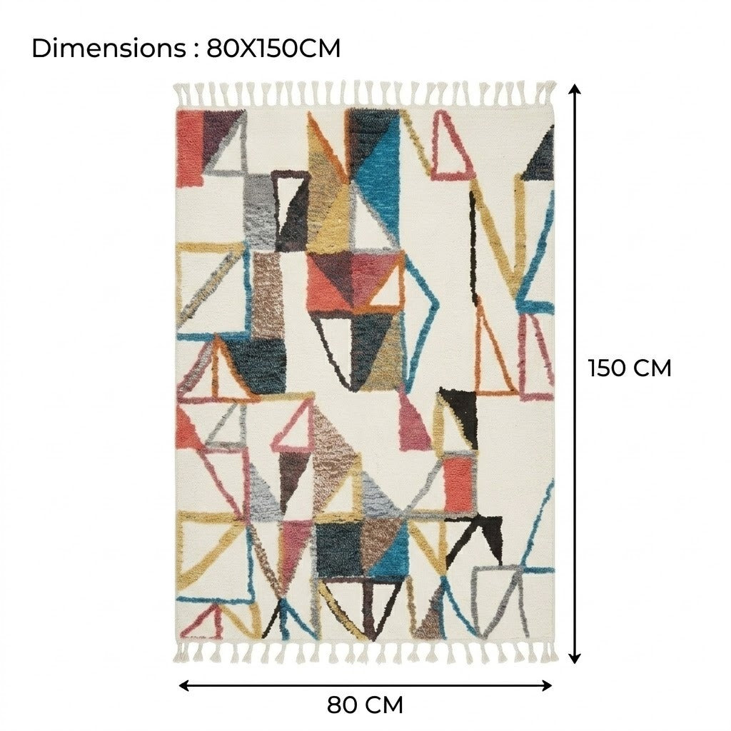 Tapis berbère géométrique 80 x 150 cm | triangles multicolores fond blanc crème | franges coton | Berbère Tapis