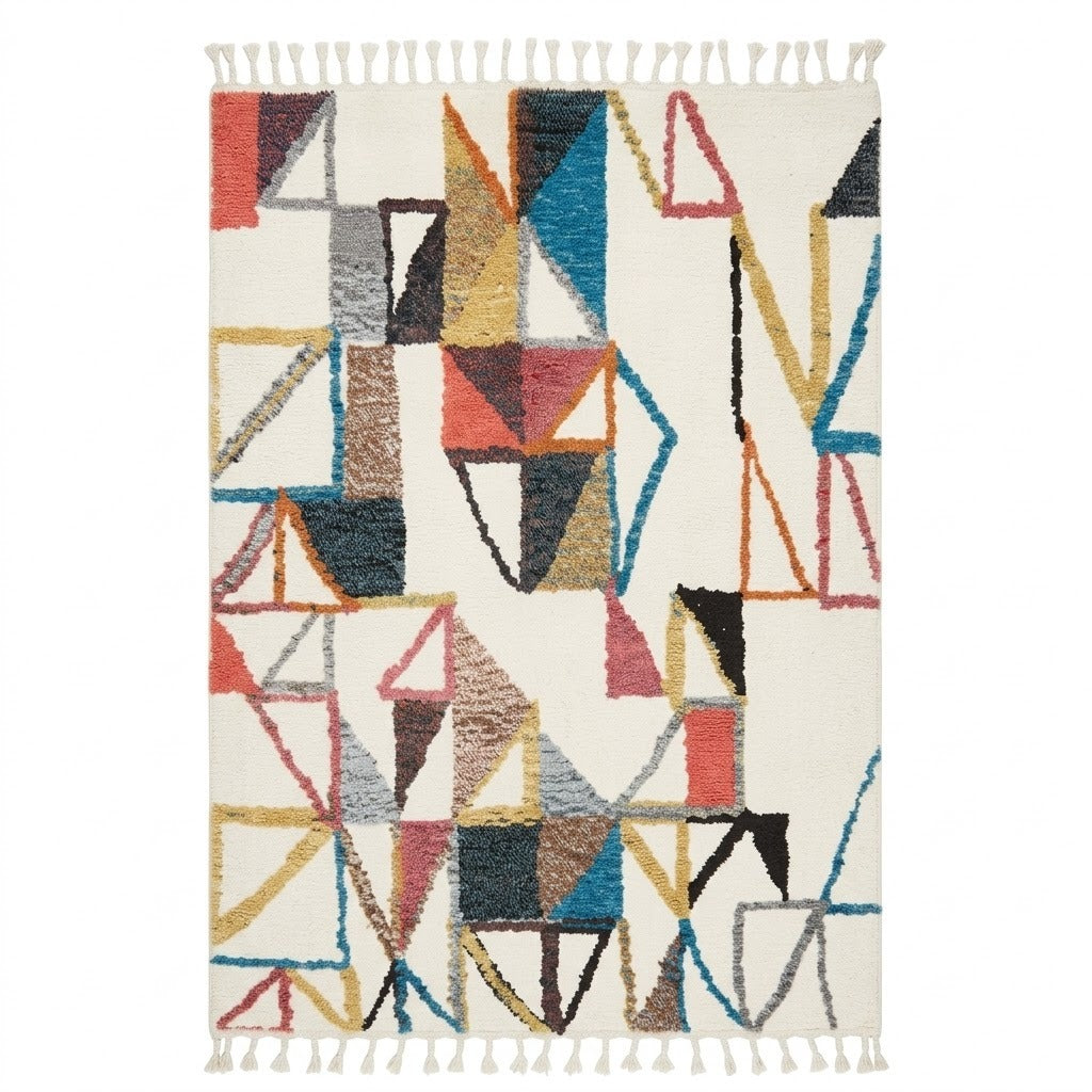 Tapis berbère géométrique | motifs triangles multicolores | fond blanc crème | Berbère Tapis