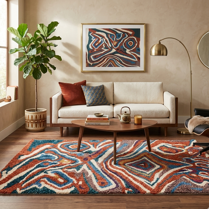 Tapis berbère multicolore à motifs abstraits ondulés posé dans un salon avec canapé blanc et table basse en bois