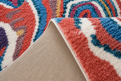 Détail de l'envers tissé plat beige et de la pile dense multicolore d'un tapis berbère à motifs abstraits