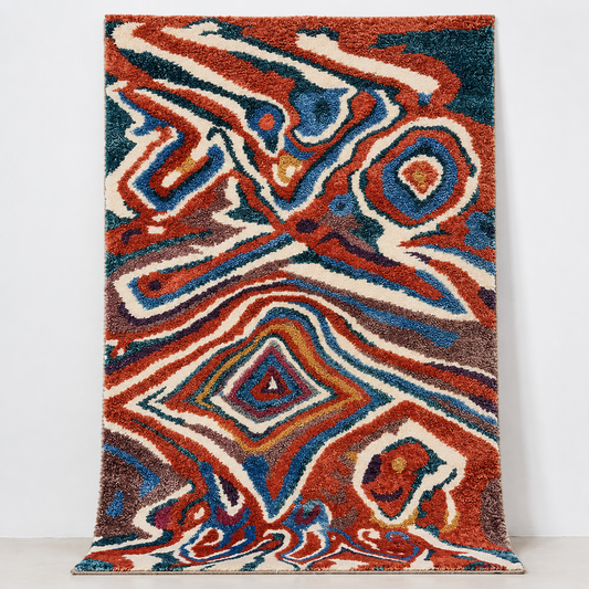 Vue de face d'un tapis berbère multicolore à lignes ondulées et losanges concentriques