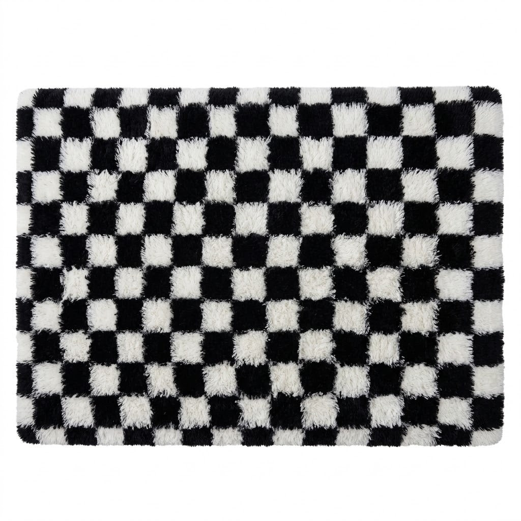 Tapis Moderne à Damier Shaggy Beige et Crème - détail de la texture - laine naturelle de haute qualité