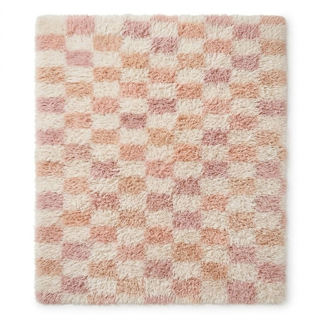 Tapis Moderne à Damier Shaggy Beige et Crème - vue principale - tapis berbère fait main au Maroc