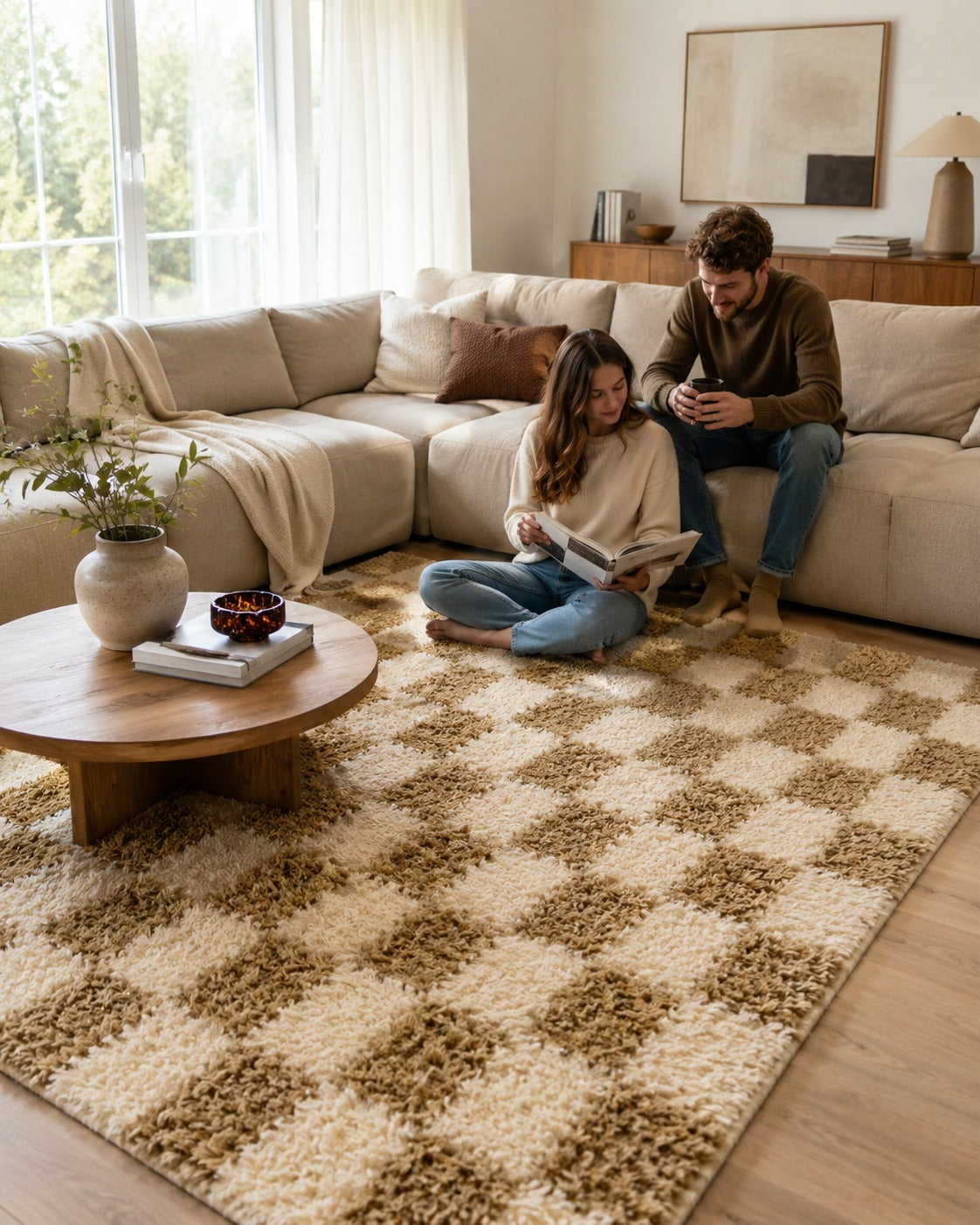 Tapis damier shaggy beige et crème | motif bicolore | fond blanc | Berbère Tapis