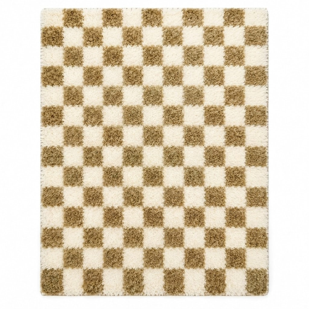Tapis moderne à damier shaggy | beige naturel et blanc crème | poils longs | vue dessus | Berbère Tapis