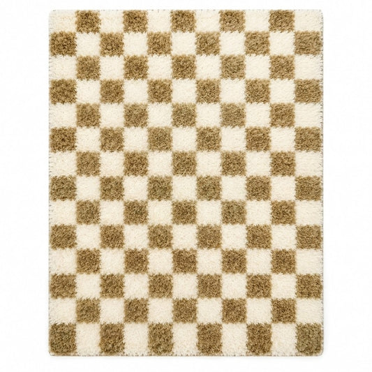 Tapis moderne à damier shaggy | beige naturel et blanc crème | poils longs | vue dessus | Berbère Tapis
