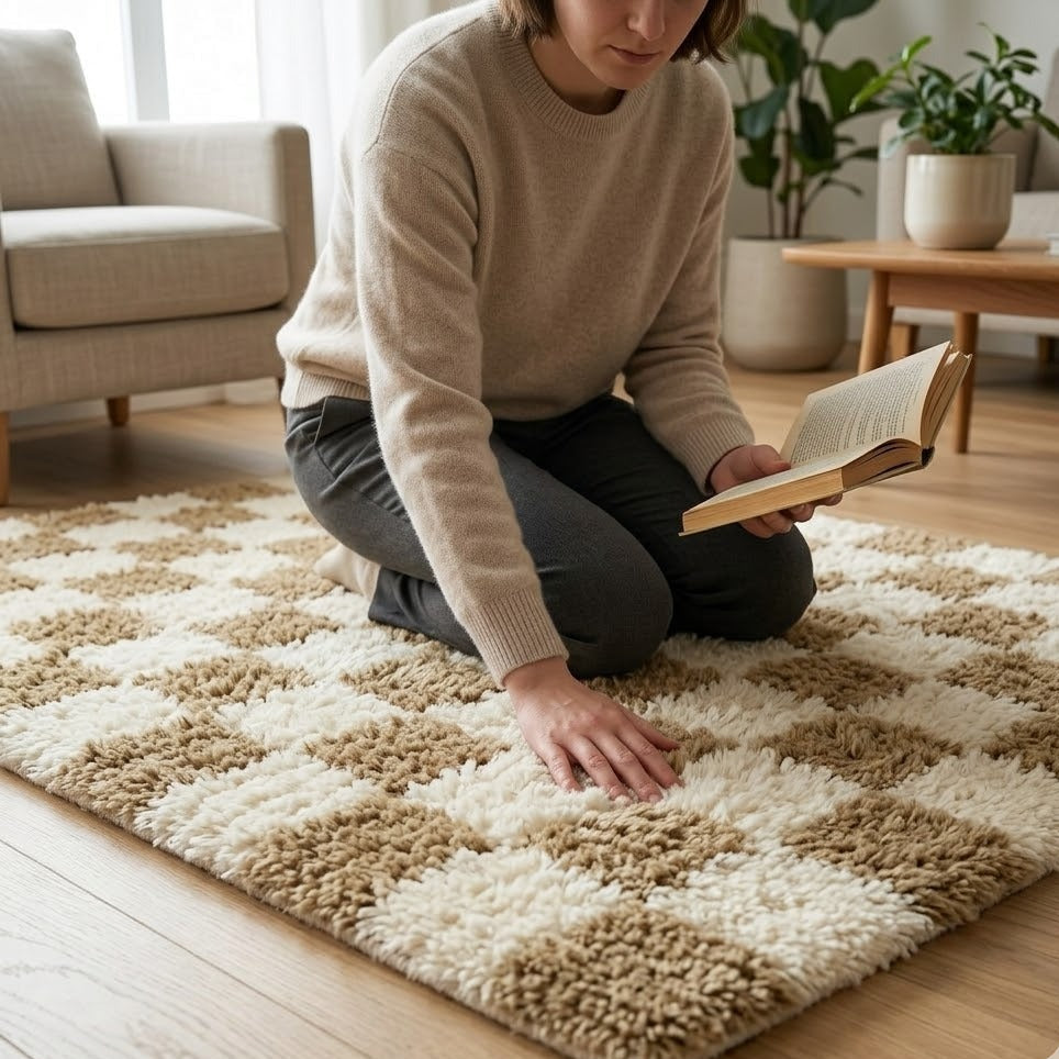 Tapis moderne à damier shaggy beige | décoration salon intérieur | poils longs | Berbère Tapis
