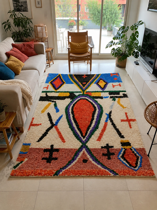 Tapis berbère Azilal coloré à motifs géométriques sur fond ivoire, vue de face, fait main au Maroc