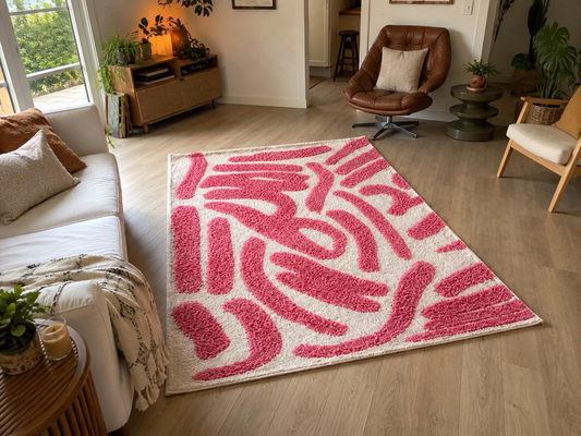Tapis berbère Azilal rose à motif abstrait touffeté, vue de face, fait main au Maroc