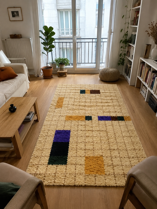 Tapis berbère beige à motif carreaux style Gabbeh, longue pile touffetée, vue de face, fait main au Maroc
