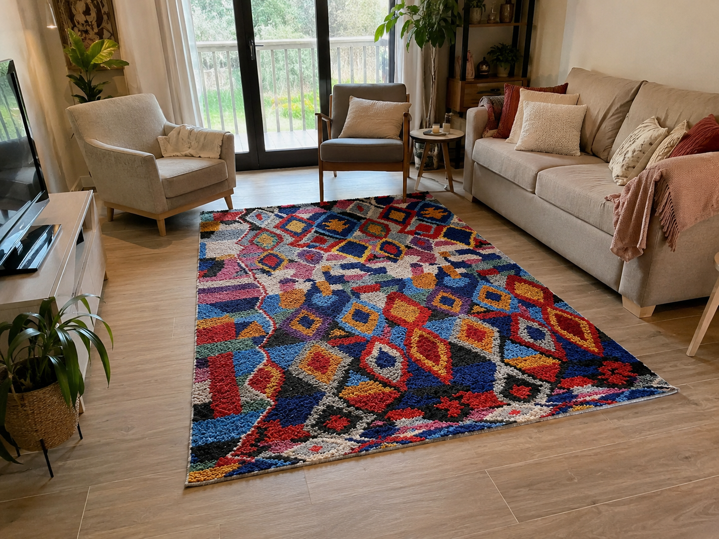 Tapis berbère Boujaad multicolore à motif géométrique losanges, vue de face, fait main au Maroc