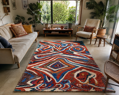 Tapis berbère Mrirt multicolore à motifs abstraits ondulés, vue de face, fait main au Maroc